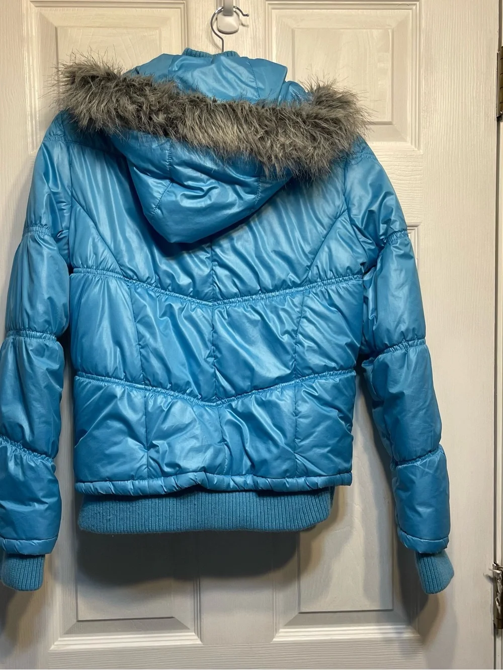 Justice Girls' Light Blue Puffer Jacket with Faux Fur Trim